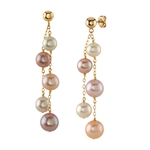 14K Gold Double Freshwater Multicolor Pearl Dangling Cluster Earrings