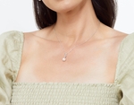 Model is wearing Suzanna Pendant with 8-9mm AAAA quality pearls