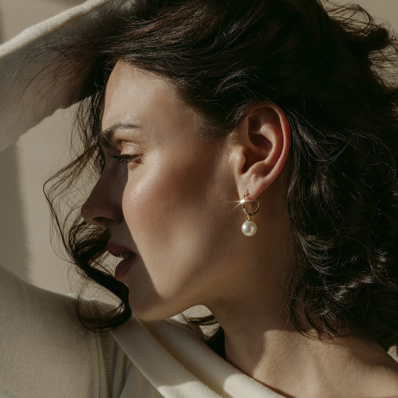 White South Sea Pearl & Diamond Hoop Sophie Earrings - Model Image