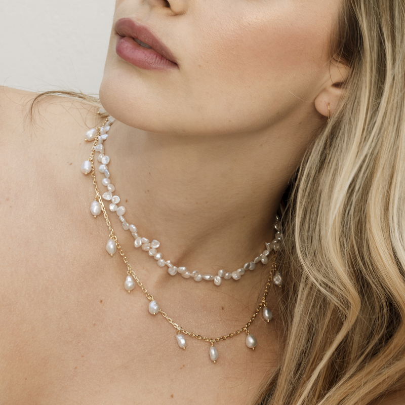 White Freshwater Cultured Keshi Pearl Jasmine Necklace for Women - Model Image