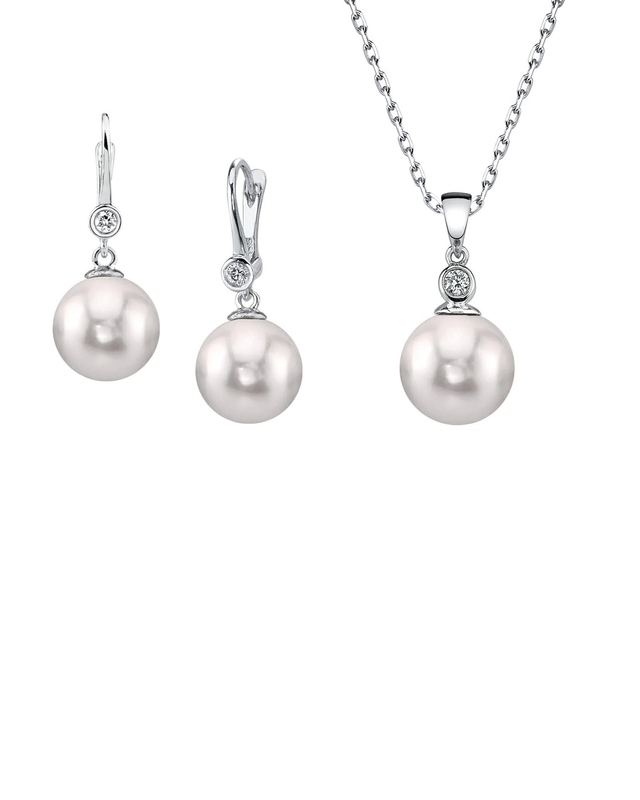 14K Gold White Akoya Cultured Pearl & Diamond Michelle Jewelry Set