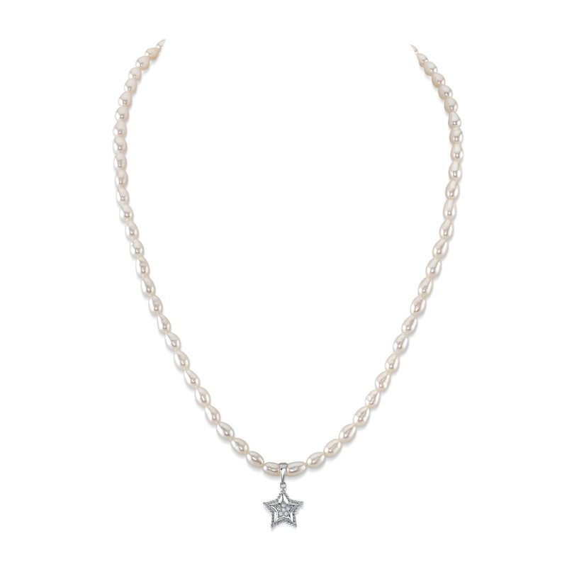 4.0-4.5mm White Freshwater Oval Pearl Star Necklace