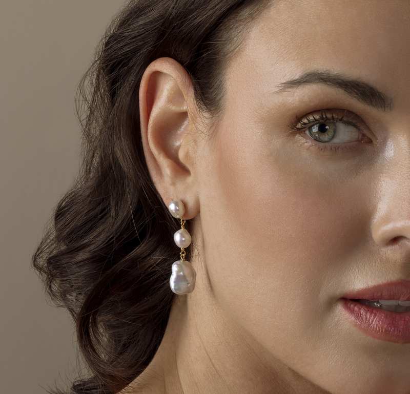 Triple White Freshwater Baroque Pearl Glenn Earrings - Model Image