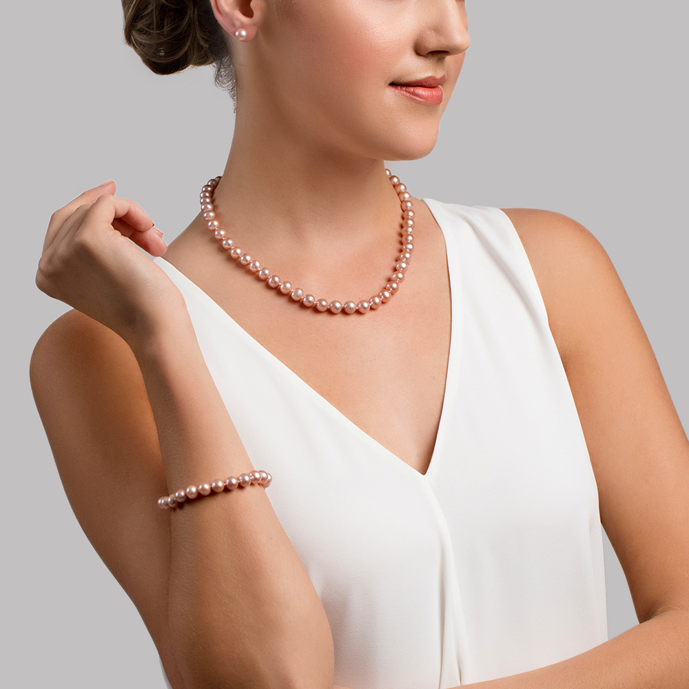 8.0-8.5mm Pink Freshwater Pearl Necklace, Bracelet & Earrings