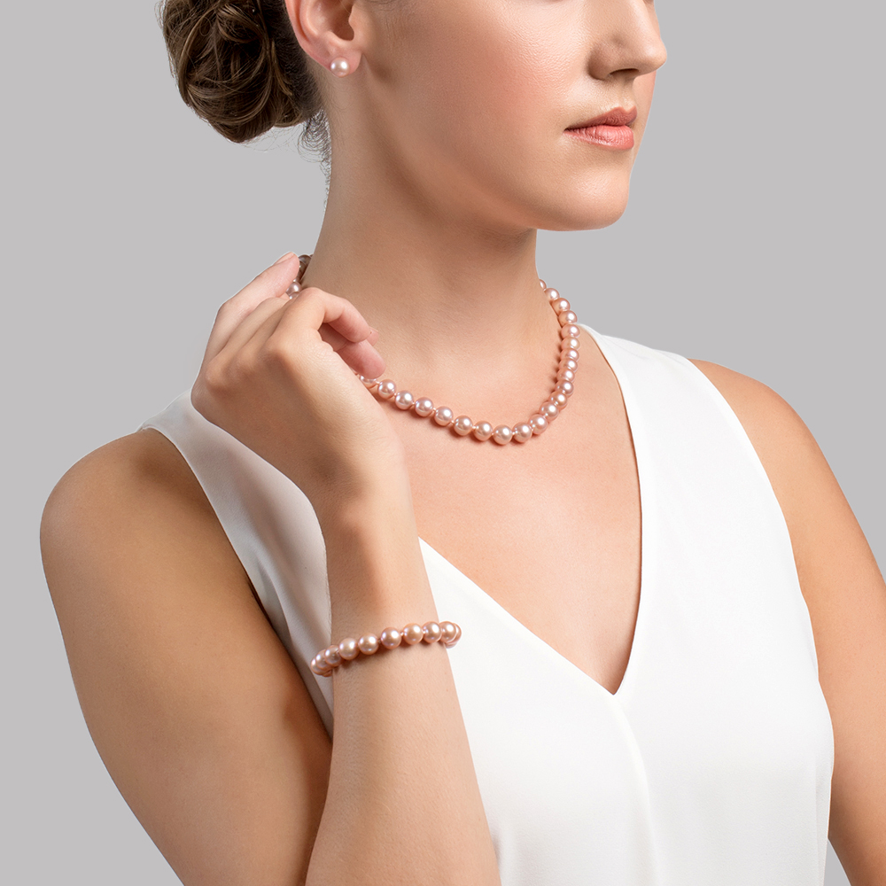 8.5-9.5mm Pink Freshwater Pearl Necklace, Bracelet & Earrings