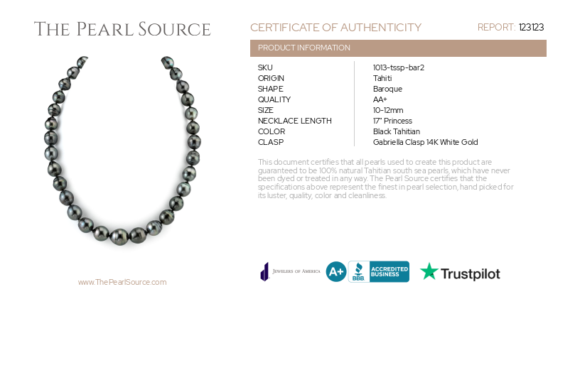 10-12mm Tahitian South Sea Baroque Pearl Necklace-Certificate