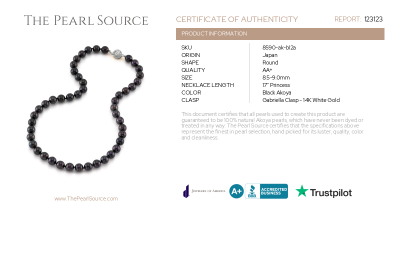 8.5-9.0mm Japanese Akoya Black Pearl Necklace - AA+ Quality-Certificate