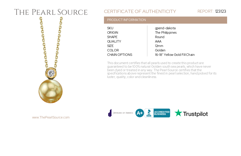 Golden Pearl & Diamond Dakota Pendant-Certificate