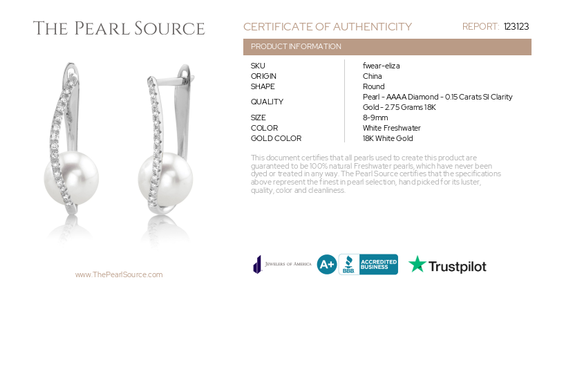 Freshwater Pearl & Diamond Eliza Earrings-Certificate