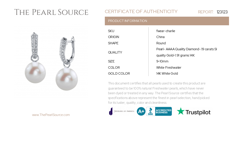 White Freshwater Pearl & Diamond Charlie Earrings-Certificate