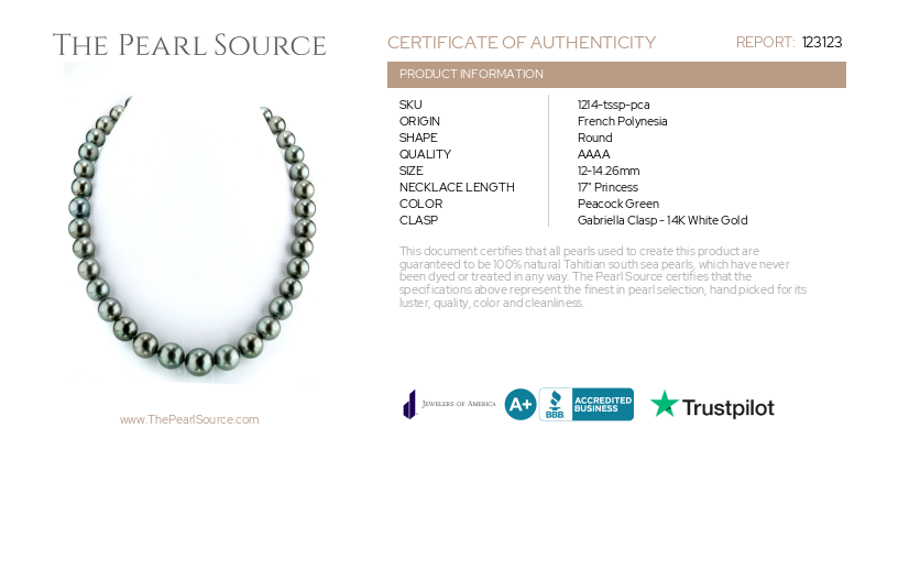 12-14.2mm Peacock Round Tahitian South Sea Pearl Necklace GIA Certified-Certificate