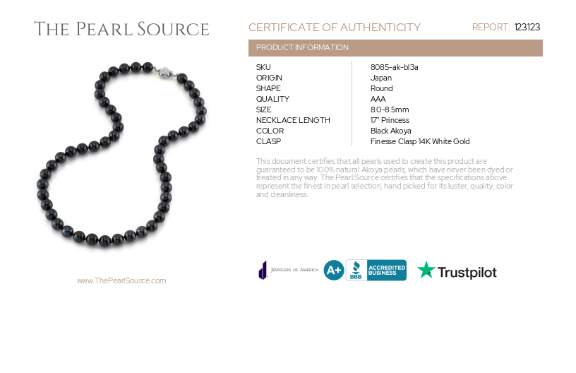 8.0-8.5mm Japanese Akoya Black Pearl Necklace- AAA Quality-Certificate