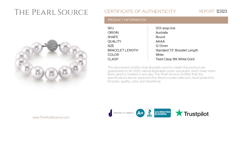 12-13mm White South Sea White Pearl Bracelet- AAAA Quality-Certificate